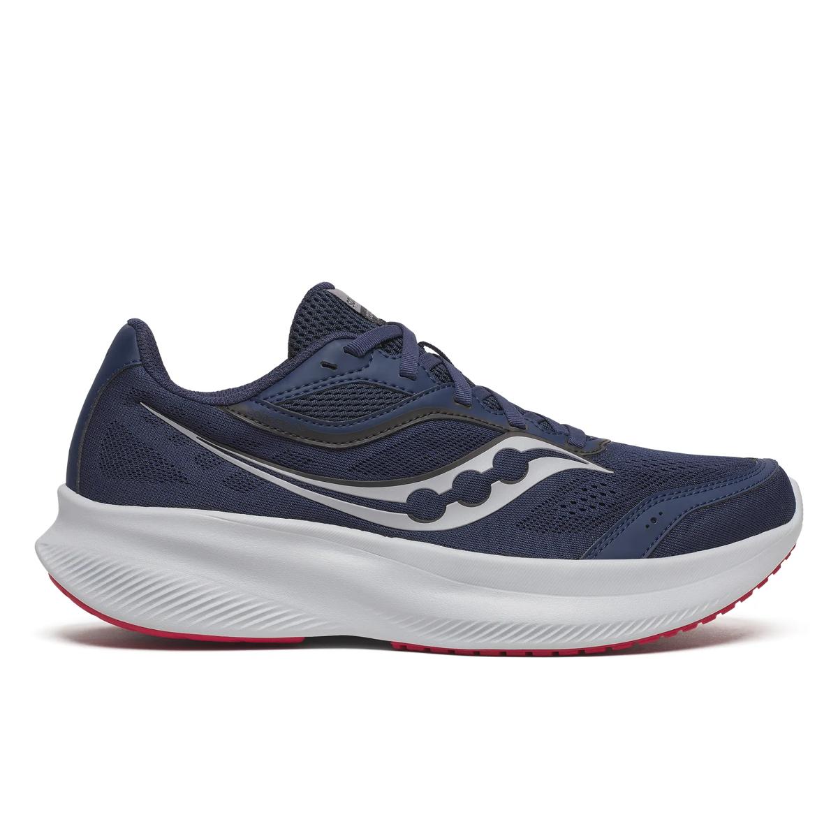 Side view on white background of Mens Saucony Cohesion 18 running shoe in Navy/Cloud, Medium (Regular) width