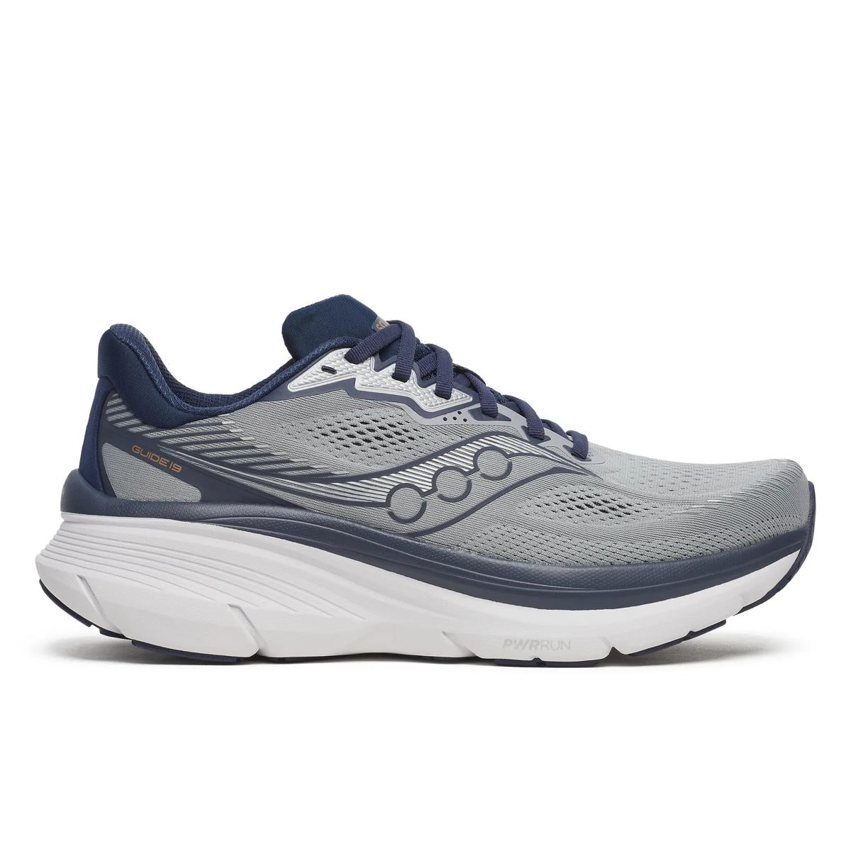 Side view on white background of Mens Saucony Guide 19 running shoe in Fossil/Navy, Wide width