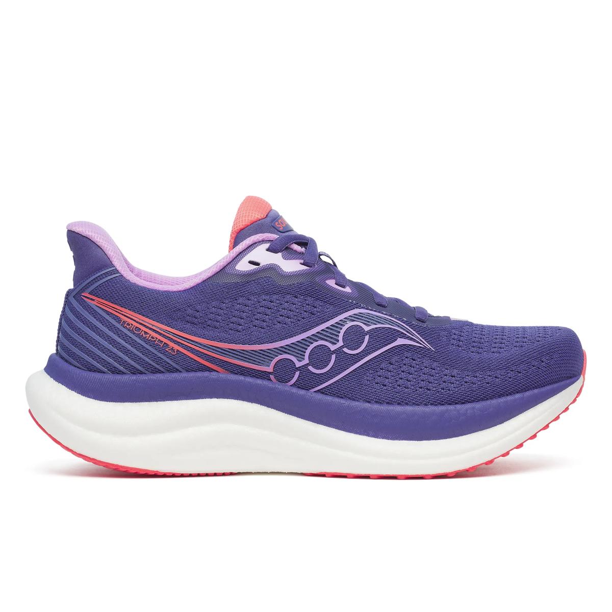 Side view on white background of Womens Saucony Triumph 23 running shoe in Marine/Coral, Medium (Regular) width