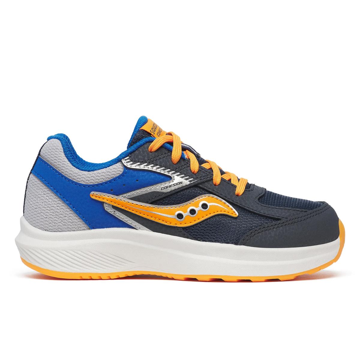 Side view on white background of Kids Saucony Cohesion KDZ running shoe in Navy/Peel/Blue, Wide width