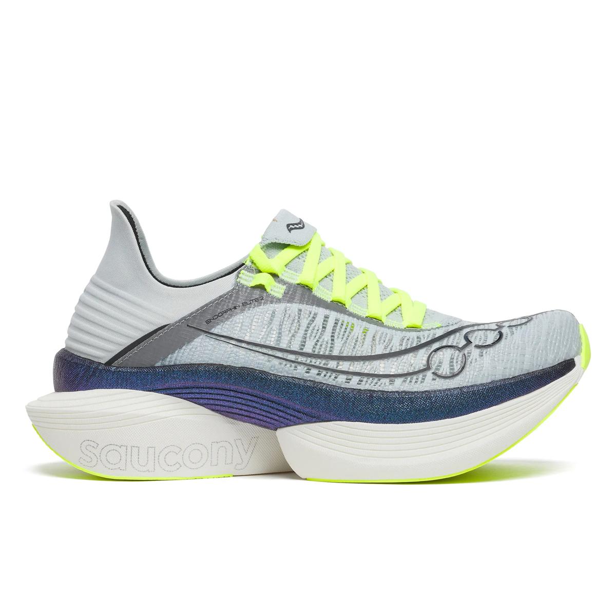 Side view on white background of Mens Saucony Endorphin Elite 2 running shoe in Airy/Nightsky, Medium (Regular) width