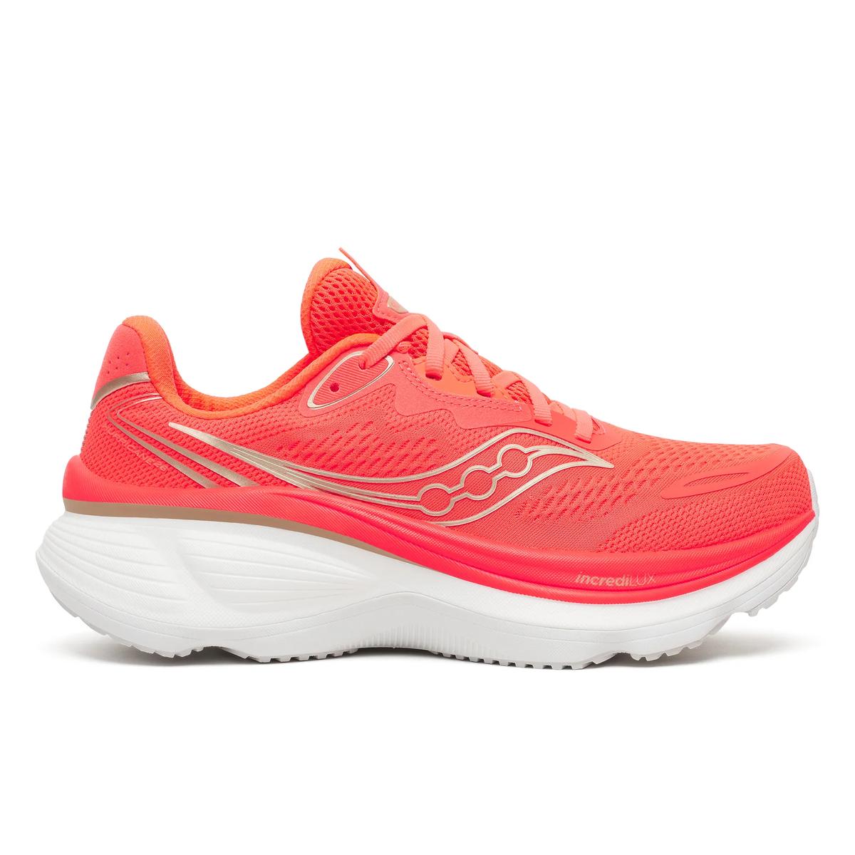 Side view on white background of Womens Saucony Hurricane 26 running shoe in Vizired, Medium (Regular) width