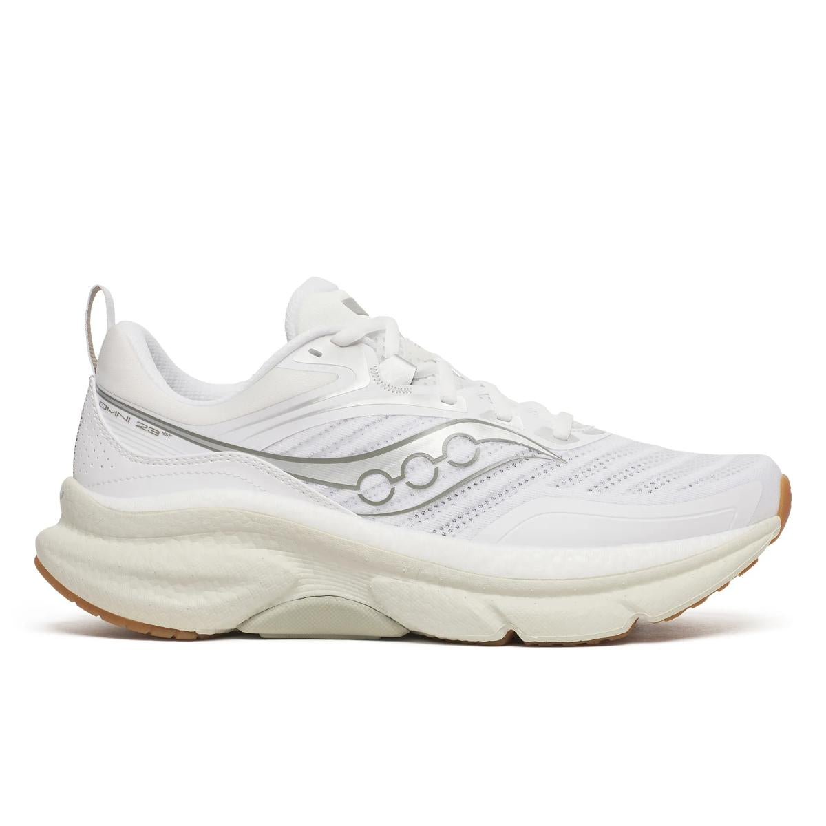 Side view on white background of Mens Saucony Omni ST 23 running shoe in White/Birch, Wide width