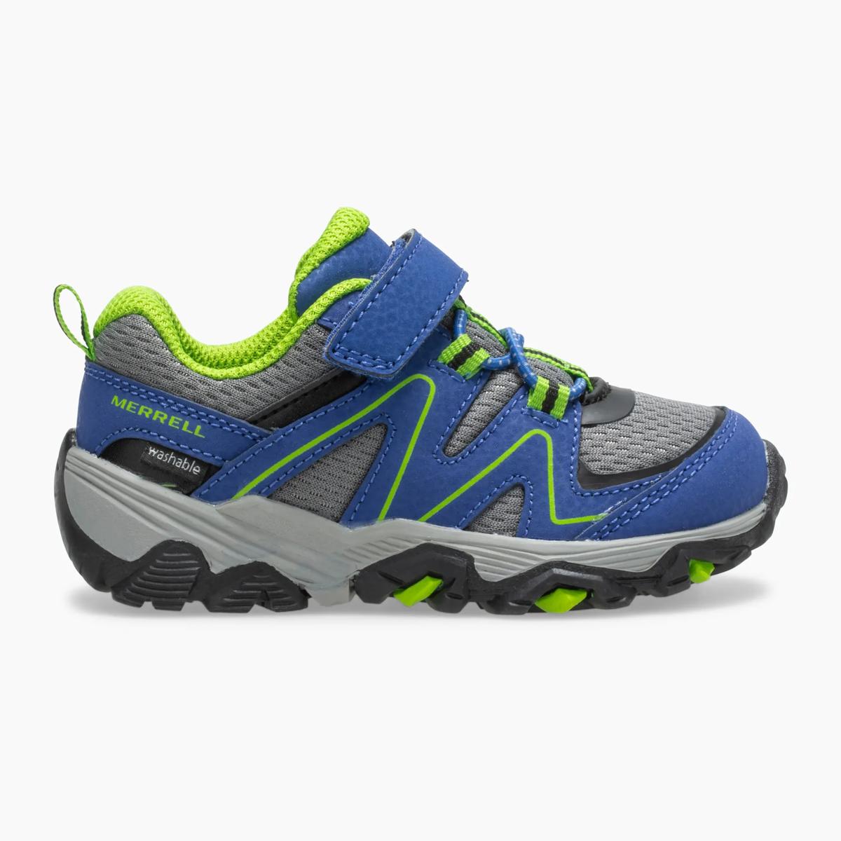 Side view on white background of Toddler Merrell Trail Quest Jr running shoe in Blue/Green, Medium (Regular) width