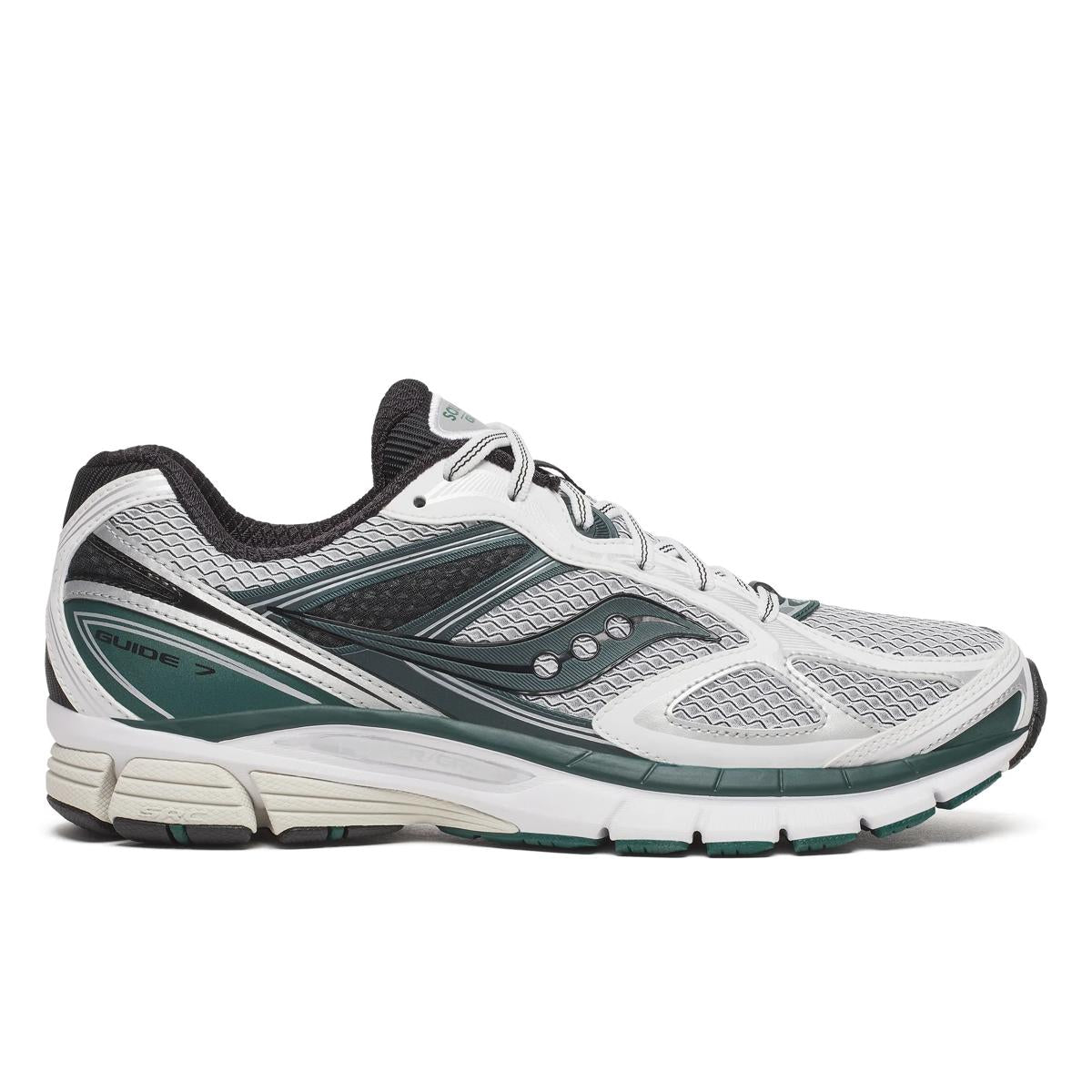 Side view on white background of Mens Saucony ProGrid Guide 7 running shoe in White/Pine, Medium (Regular) width