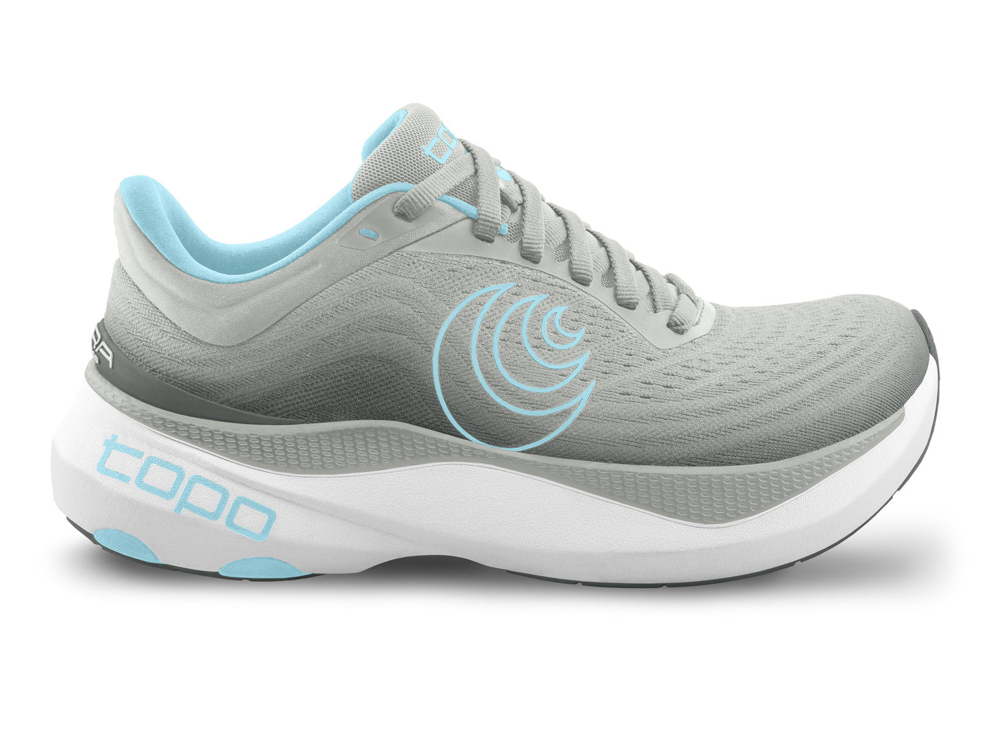 Side view on white background of Womens Topo Athletic Aura running shoe in Grey/Blue, Medium (Regular) width