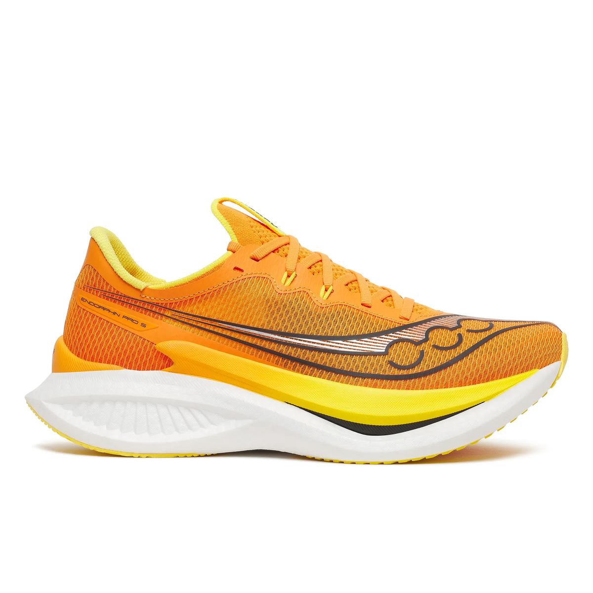 Side view on white background of Mens Saucony Endorphin Pro 5 running shoe in Fuego, Medium (Regular) width