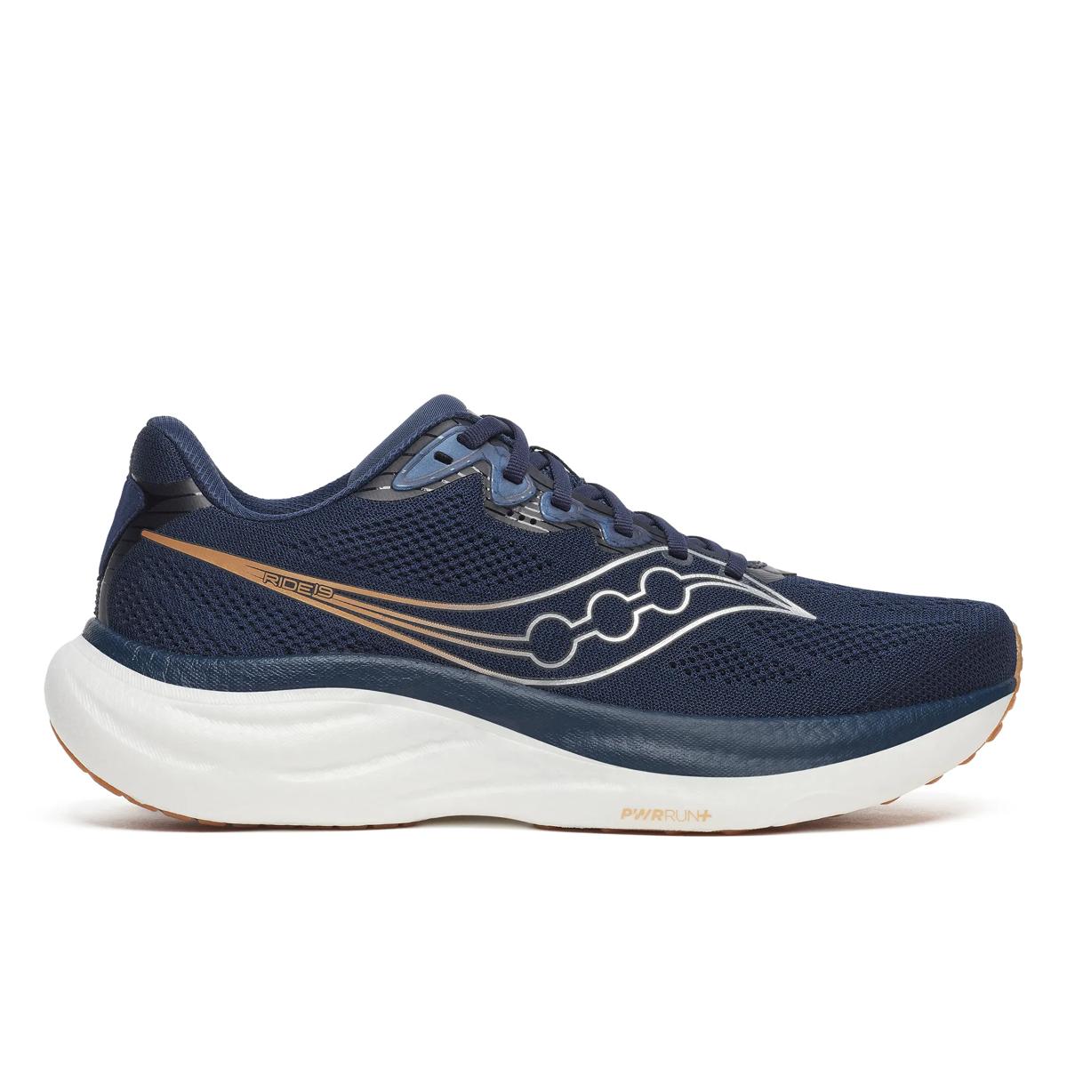 Side view on white background of Mens Saucony Ride 19 running shoe in Navy/Gum, Wide width