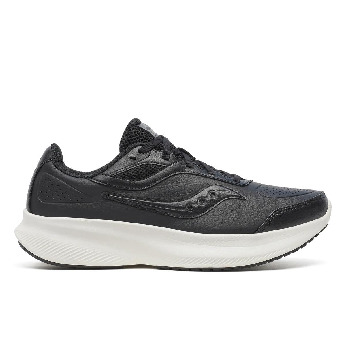 Side view on white background of Mens Saucony Integrity Metro running shoe in Black/White, Medium (Regular) width
