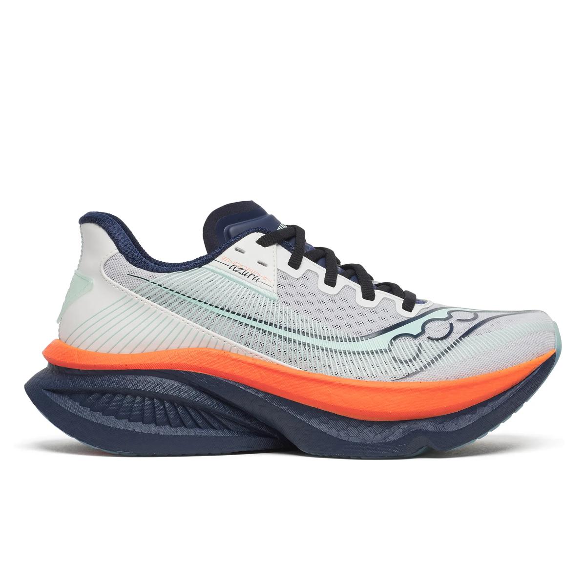 Side view on white background of Womens Saucony Endorphin Azura running shoe in White/Navy, Medium (Regular) width