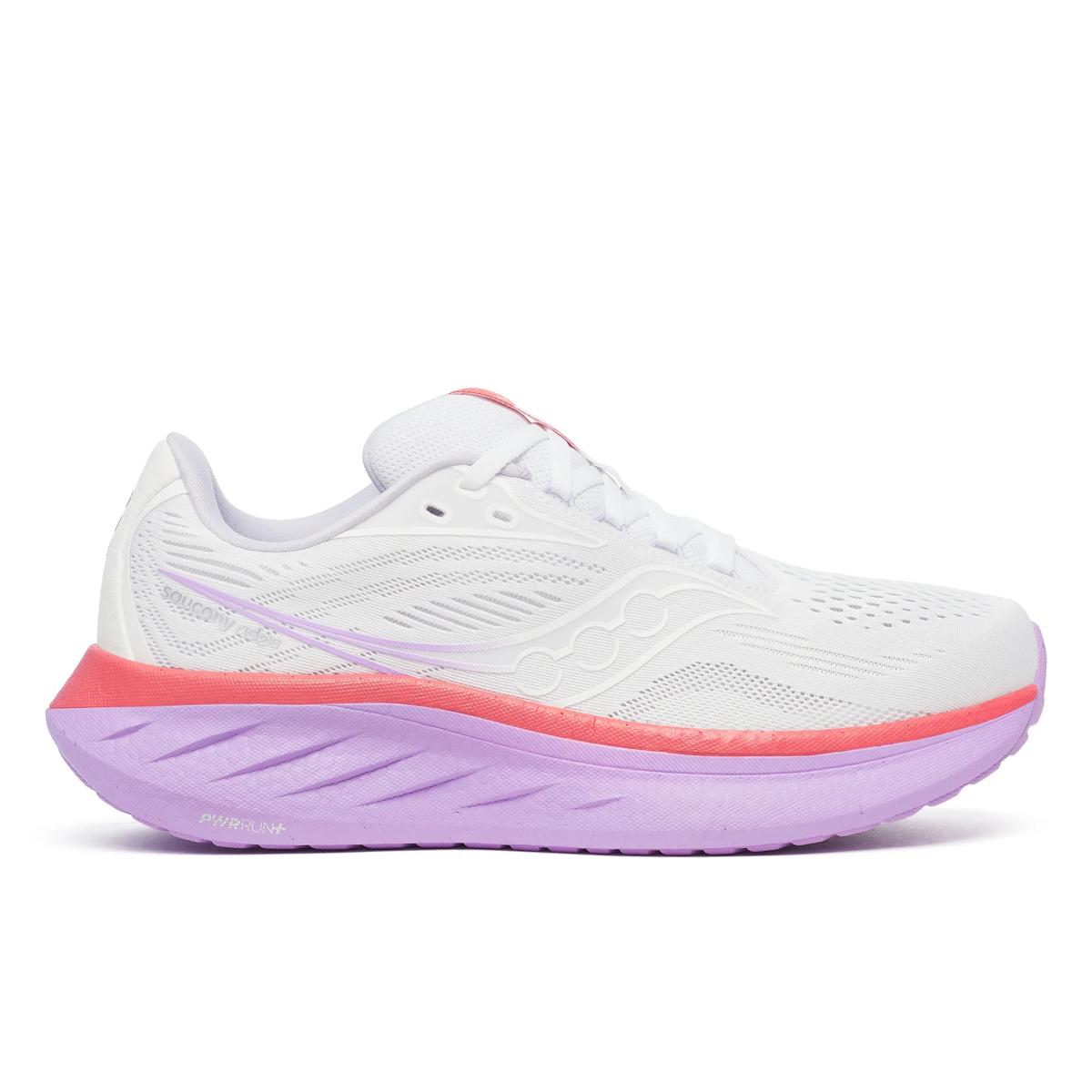 Side view on white background of Womens Saucony Ride 18 running shoe in White/Coral, Medium (Regular) width