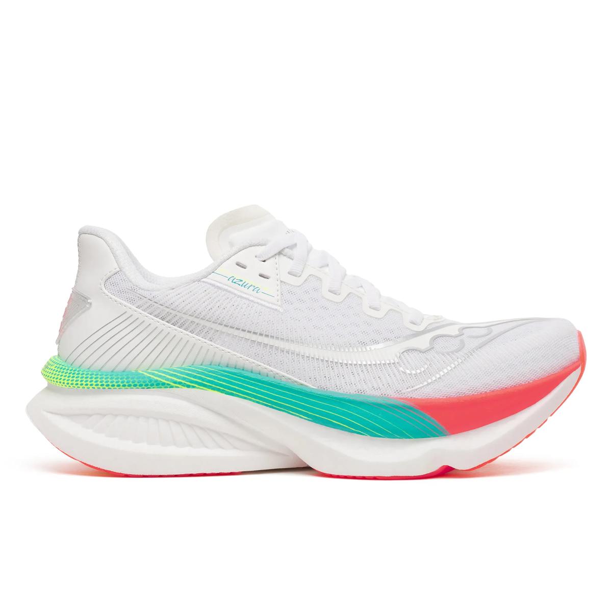 Side view on white background of Womens Saucony Endorphin Azura running shoe in White/Multi, Medium (Regular) width