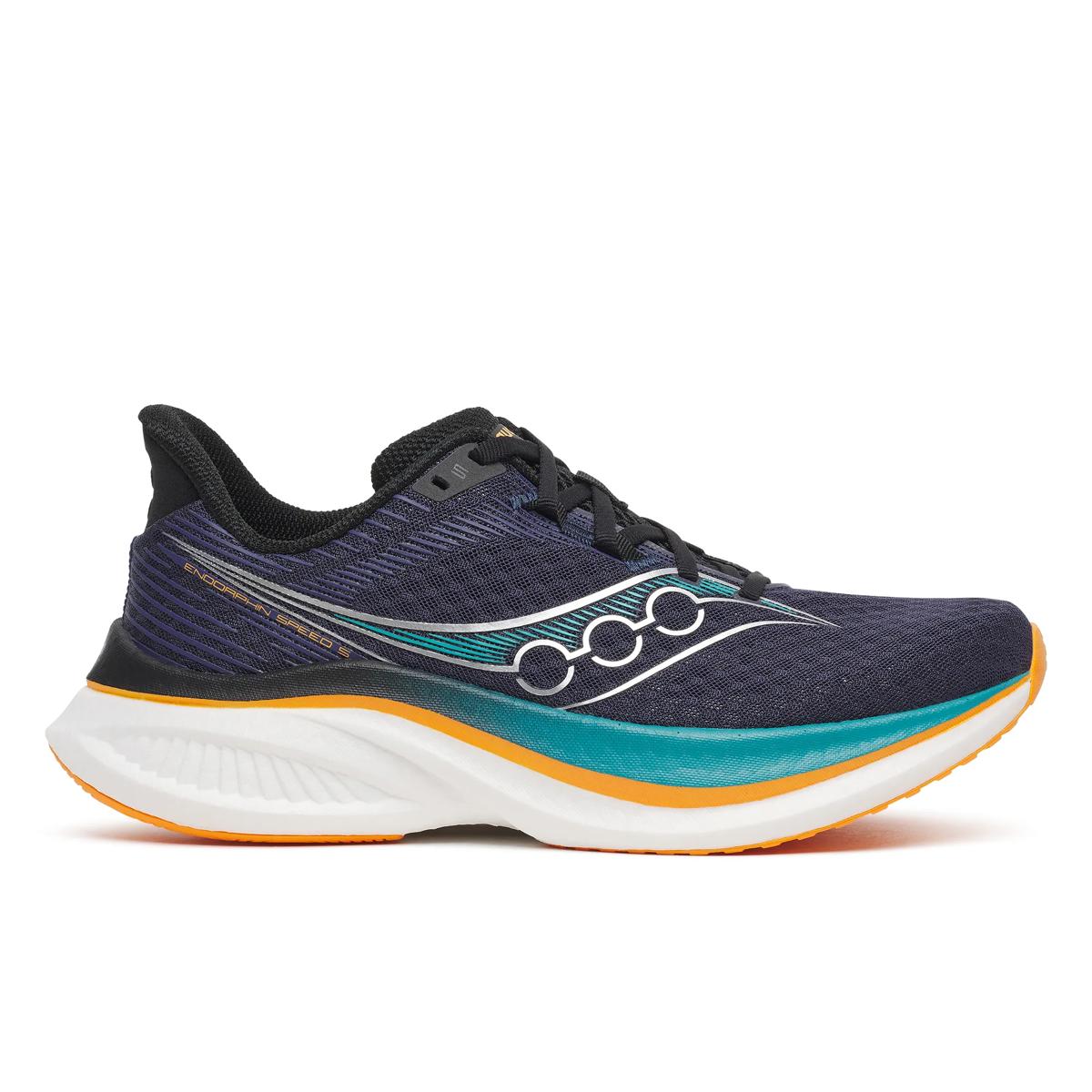 Side view on white background of Mens Saucony Endorphin Speed 5 running shoe in Naval/Tranquil, Medium (Regular) width