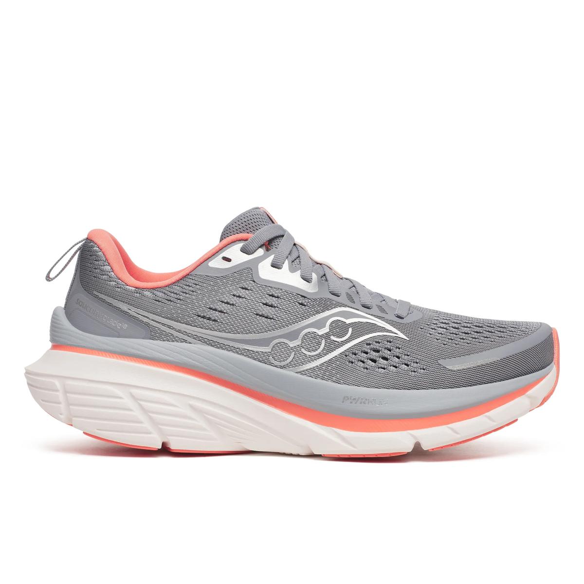 Side view on white background of Womens Saucony Guide 18 running shoe in Flint/Salmon, Medium (Regular) width
