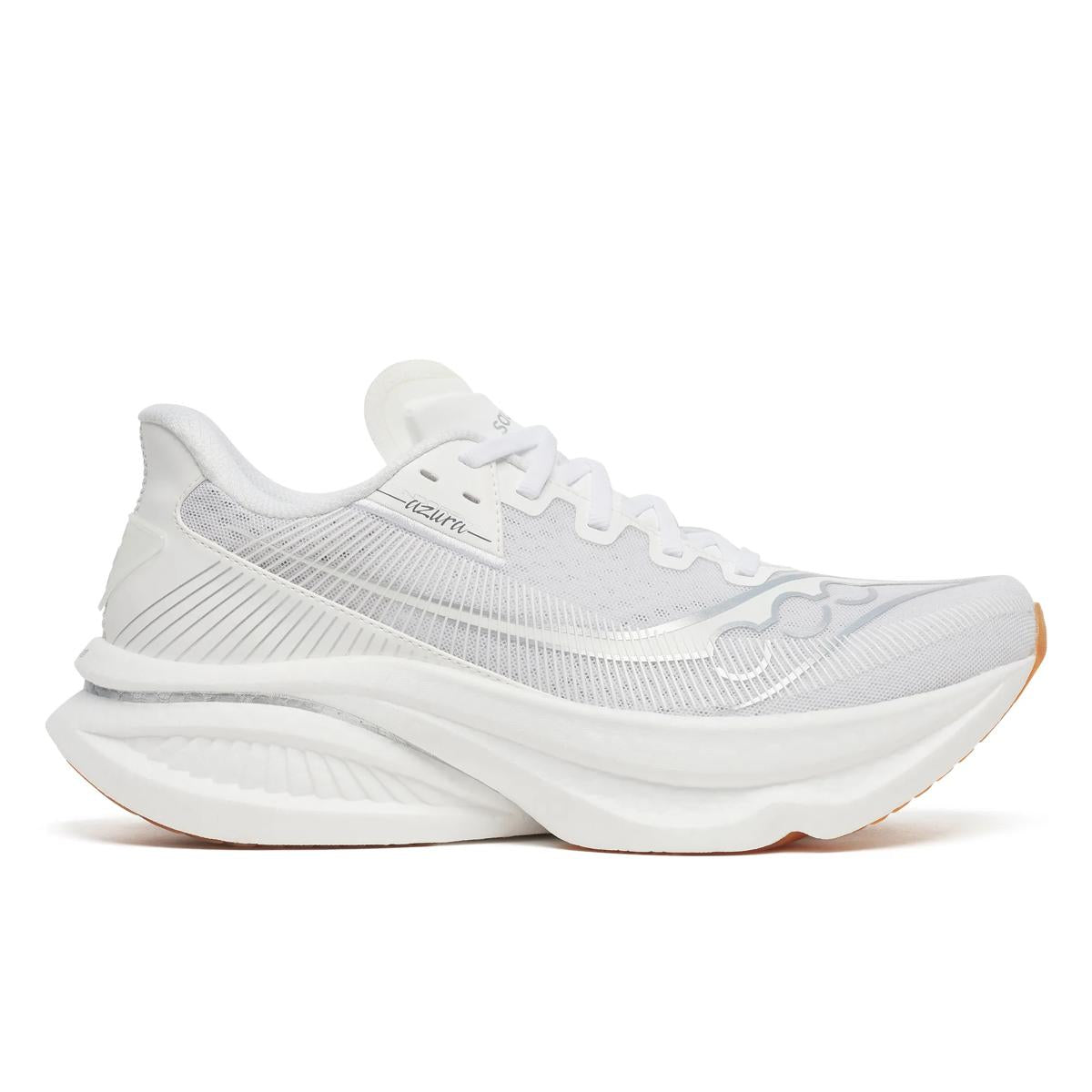 Side view on white background of Mens Saucony Endorphin Azura running shoe in White/Gum, Medium (Regular) width