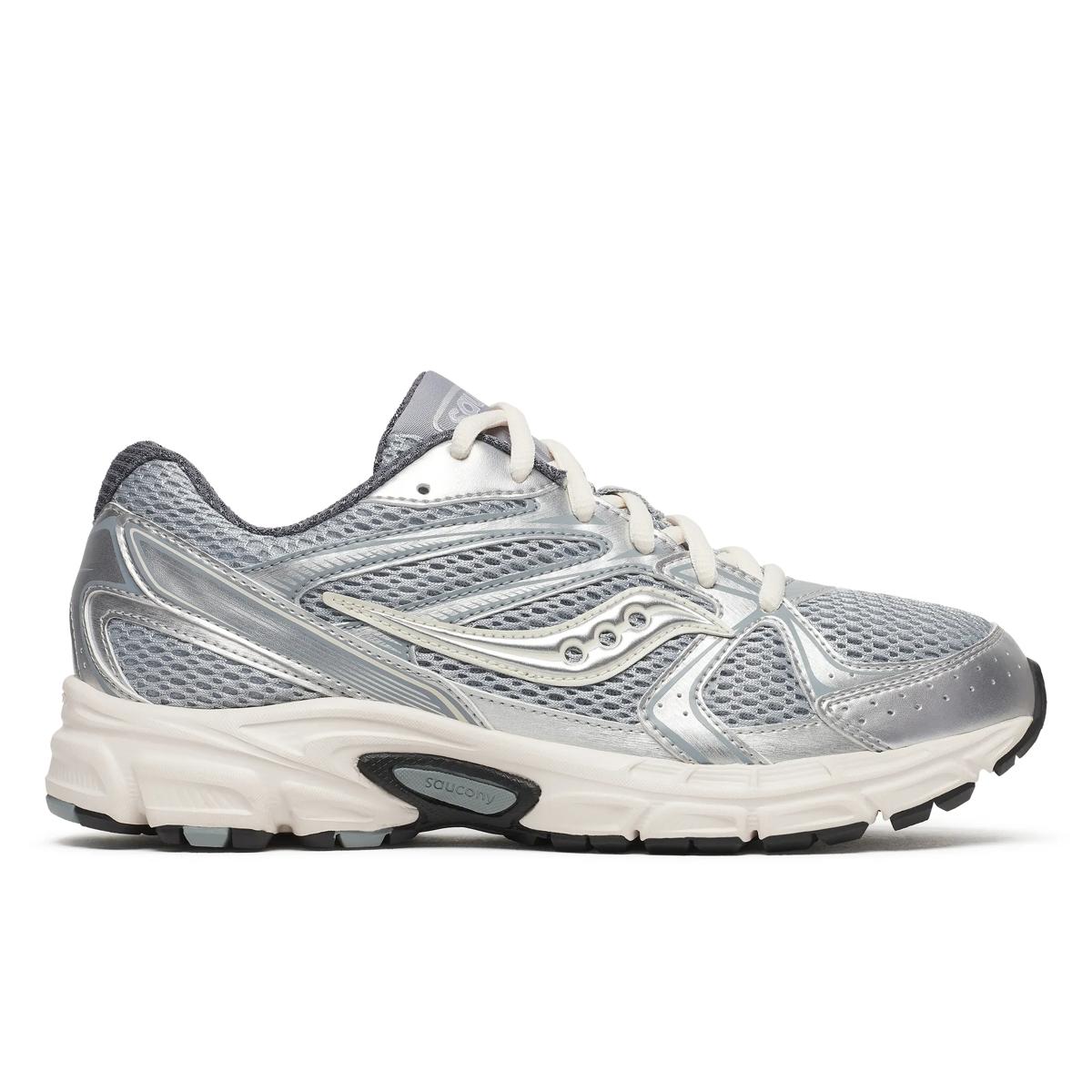 Side view on white background of Womens Saucony Ride Millennium running shoe in Cream/Silver, Medium (Regular) width