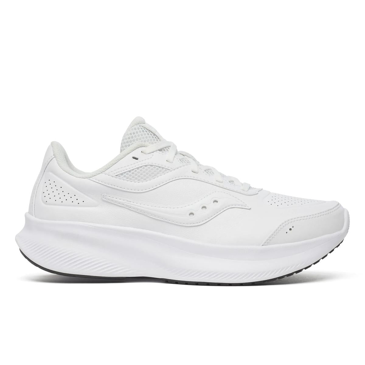 Side view on white background of Womens Saucony Integrity Metro running shoe in White, Wide width