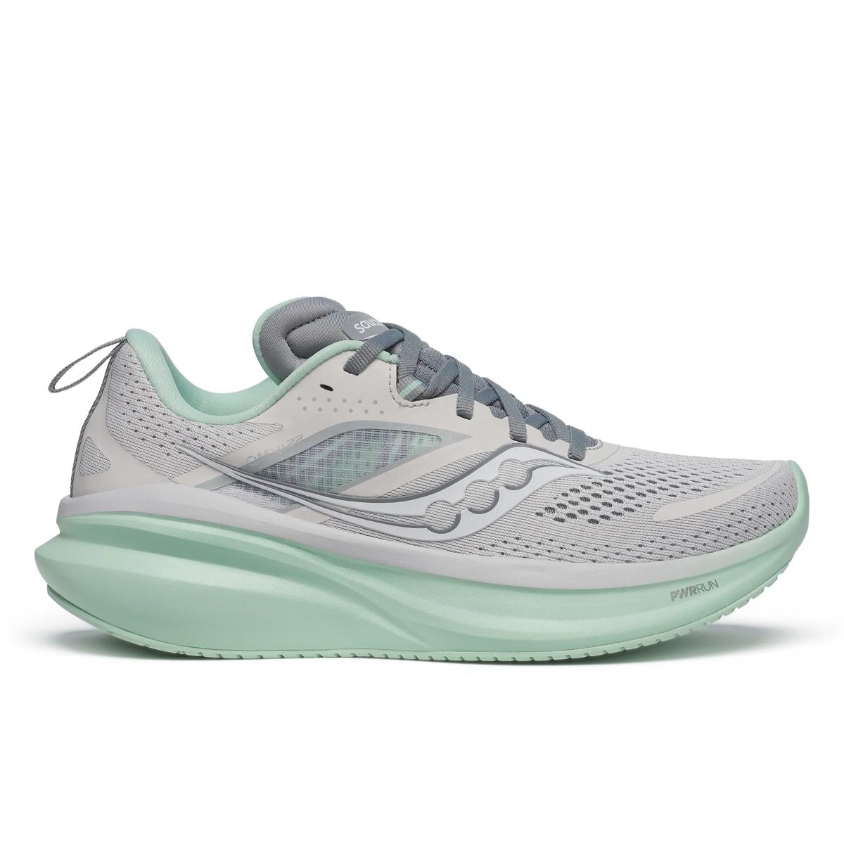 Side view on white background of Womens Saucony Omni 22 running shoe in Fog/Jade, Medium (Regular) width
