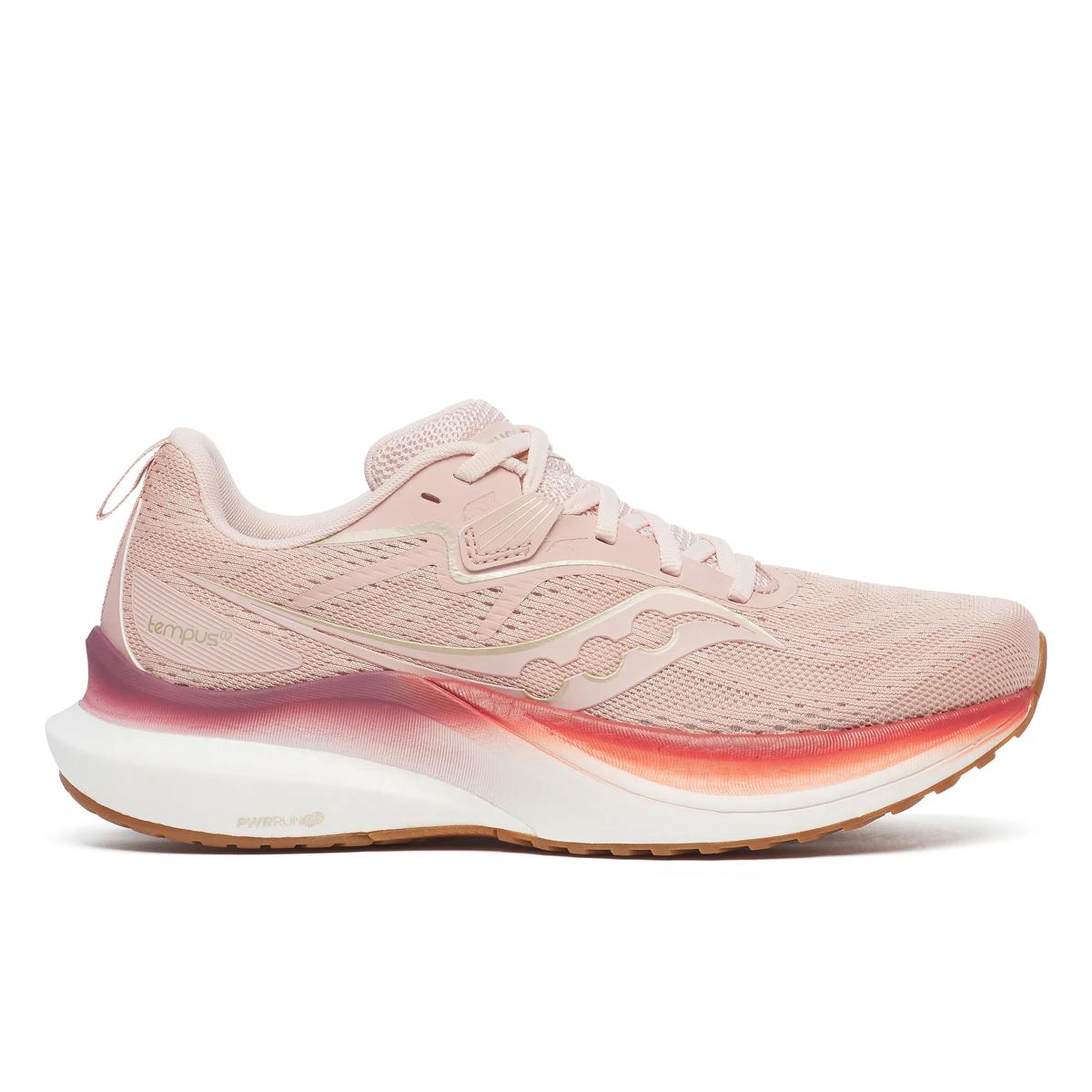 Side view on white background of Womens Saucony Tempus 2 running shoe in Cameo, Medium (Regular) width