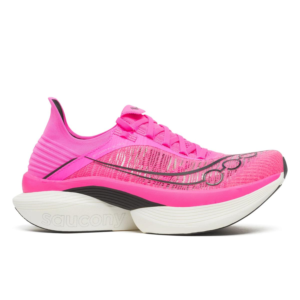 Side view on white background of Mens Saucony Endorphin Elite 2 running shoe in Shock/Black, Medium (Regular) width