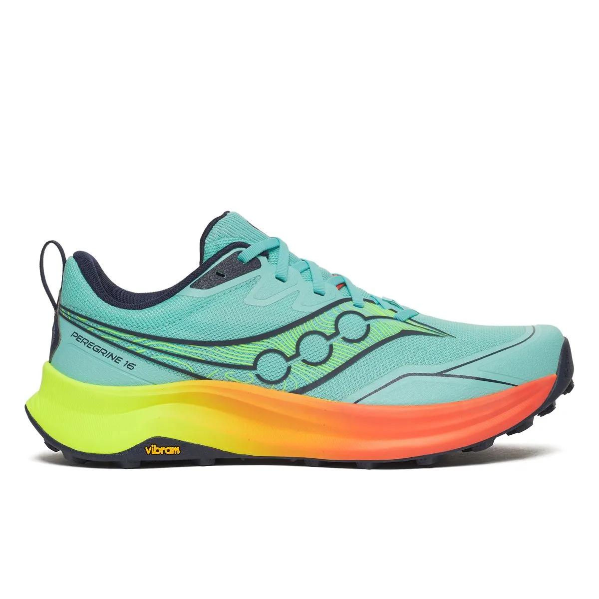 Side view on white background of Mens Saucony Peregrine 16 running shoe in Splash/Citron, Medium (Regular) width