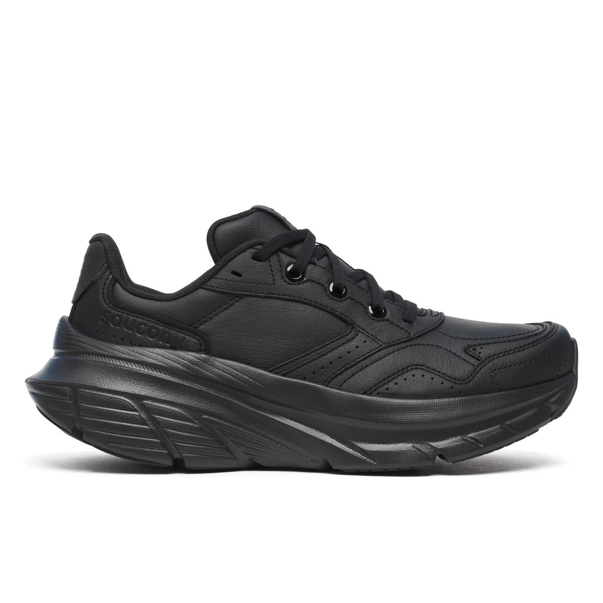 Side view on white background of Womens Saucony Guide Metro LE running shoe in Triple Black, Medium (Regular) width