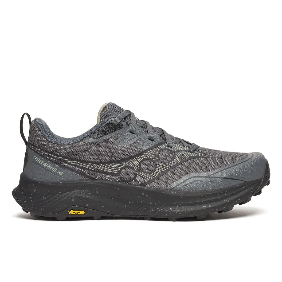 Side view on white background of Mens Saucony Peregrine 16 running shoe in Carbon/Black, Medium (Regular) width