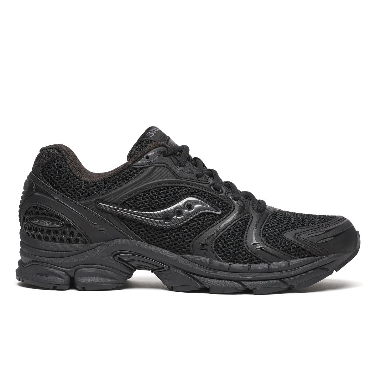 Side view on white background of Womens Saucony Progrid Triumph 4 Heritage running shoe in Black, Medium (Regular) width