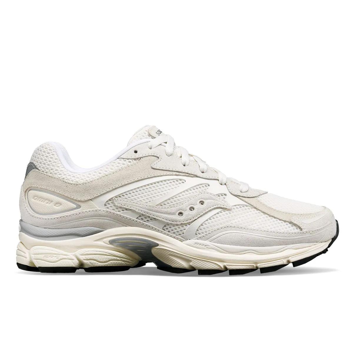 Side view on white background of Mens Saucony ProGrid Omni 9 Premium running shoe in White, Medium (Regular) width