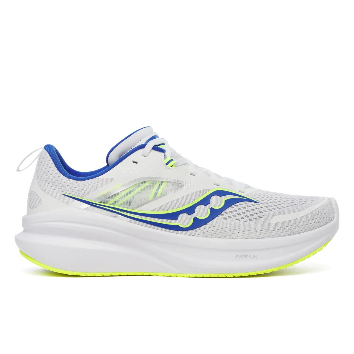 Side view on white background of Mens Saucony Omni 22 running shoe in White/Lapis, Medium (Regular) width