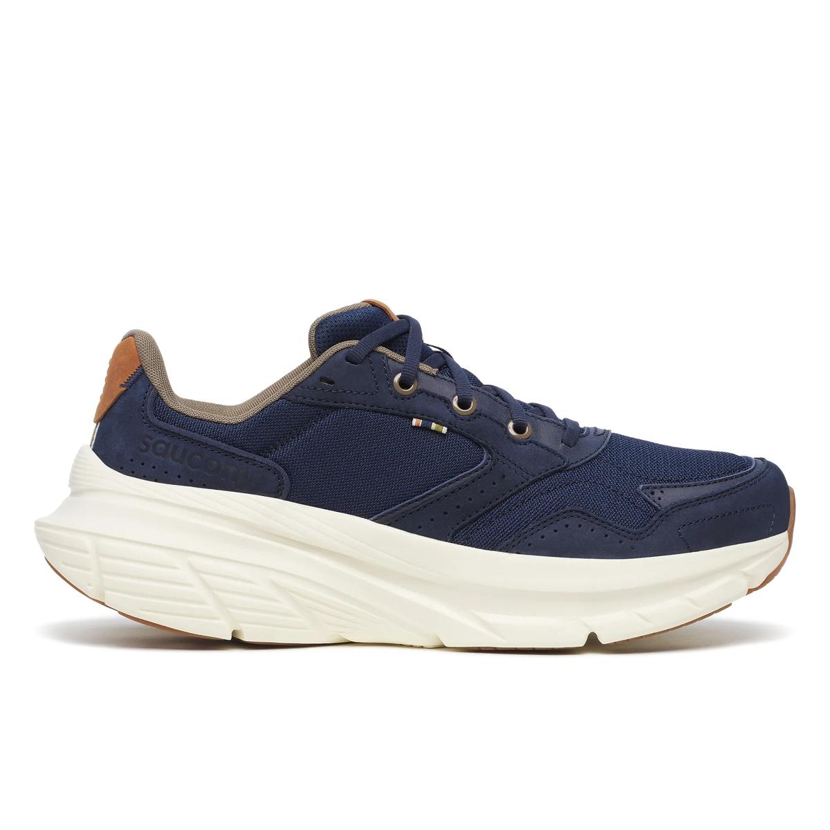 Side view on white background of Mens Saucony Guide Metro running shoe in Navy, Medium (Regular) width