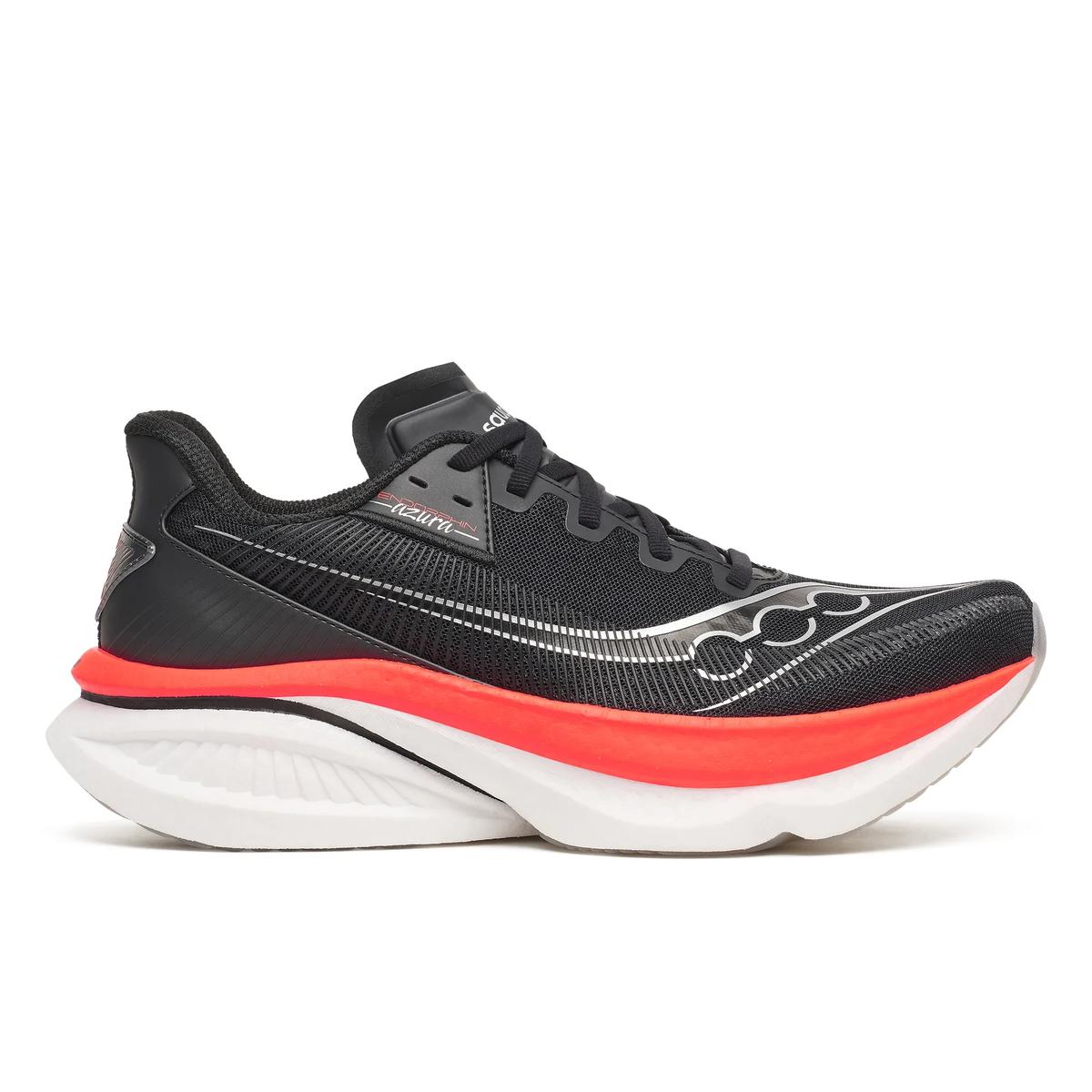 Side view on white background of Mens Saucony Endorphin Azura running shoe in Black/Vizired, Medium (Regular) width