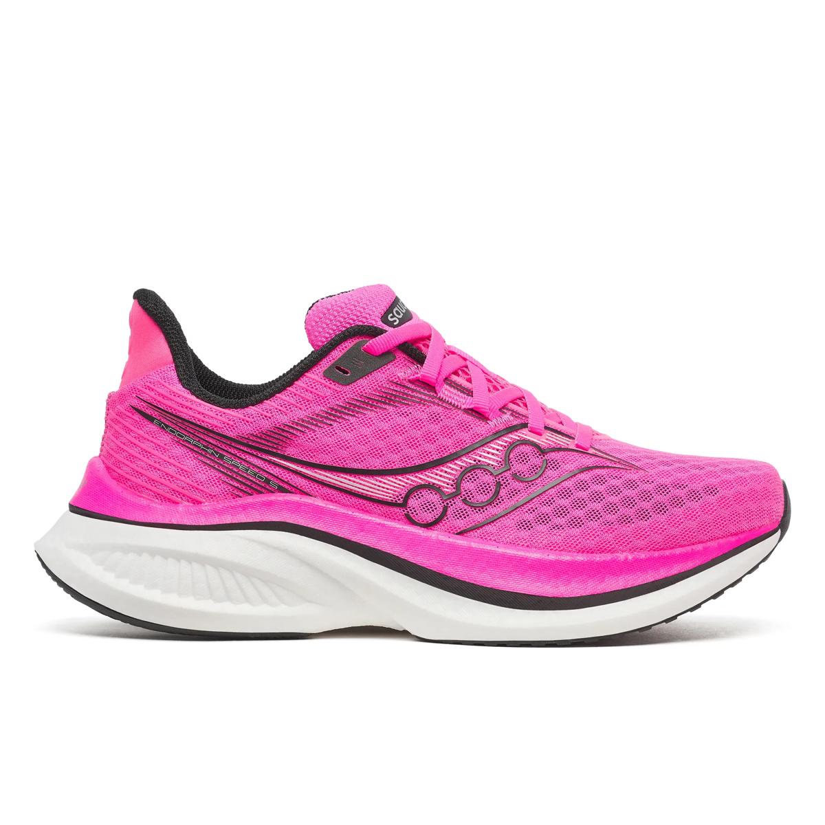 Side view on white background of Womens Saucony Endorphin Speed 5 running shoe in Shock/Black, Medium (Regular) width