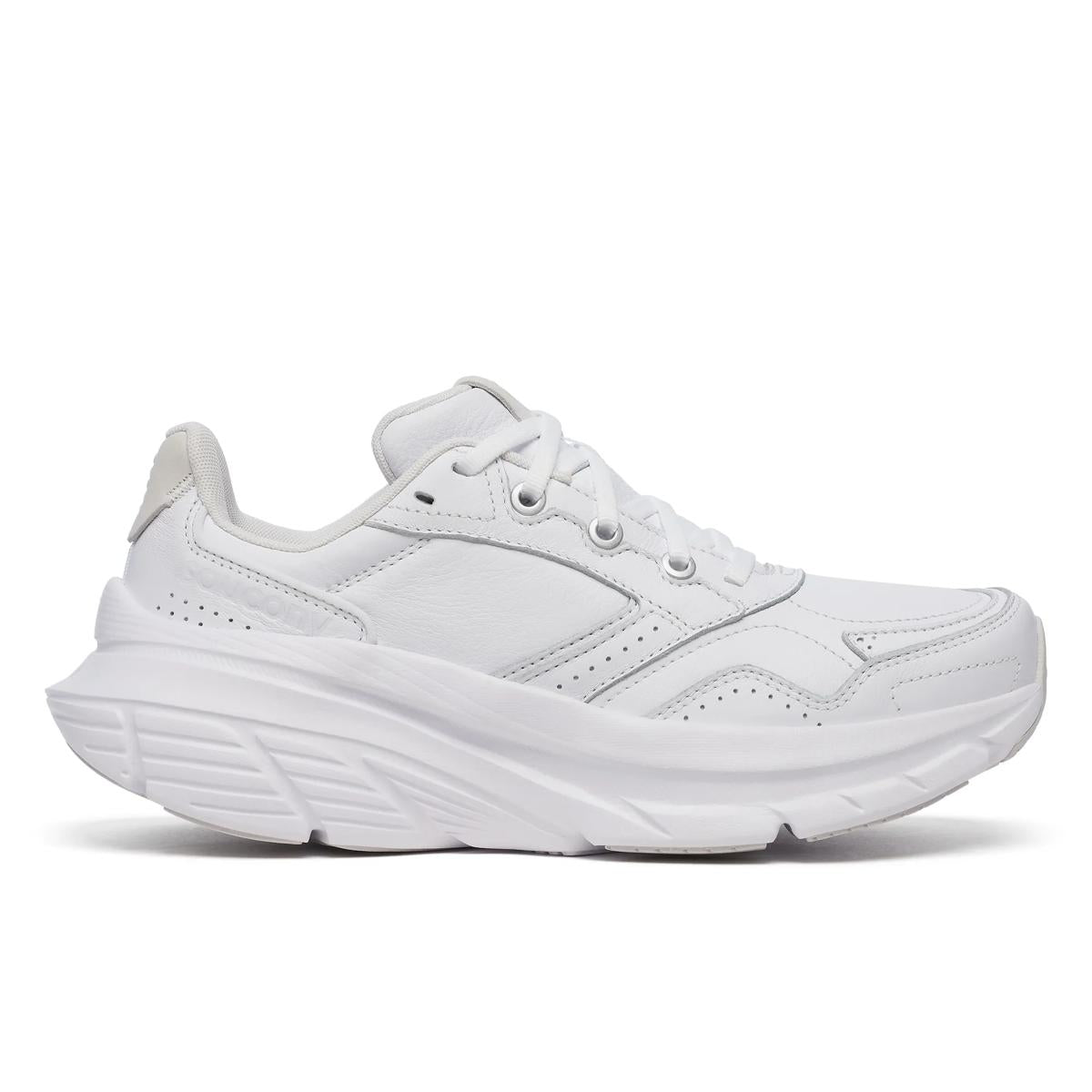Side view on white background of Womens Saucony Guide Metro LE running shoe in White, Extra Wide width