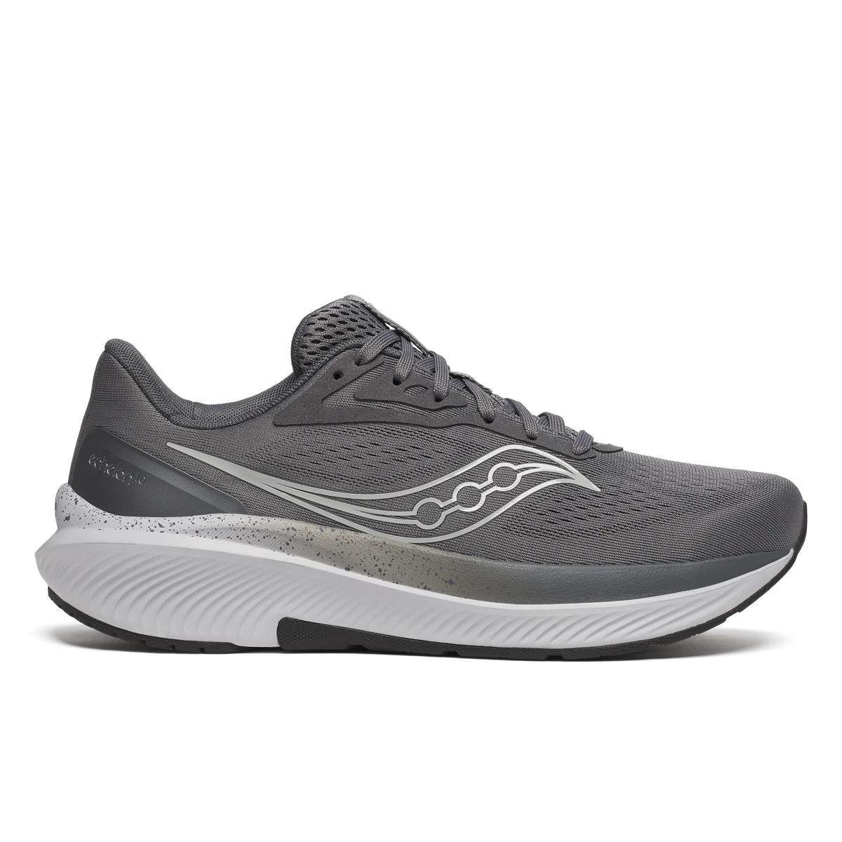 Side view on white background of Mens Saucony Echelon 10 running shoe in Carbon/Black, Wide width