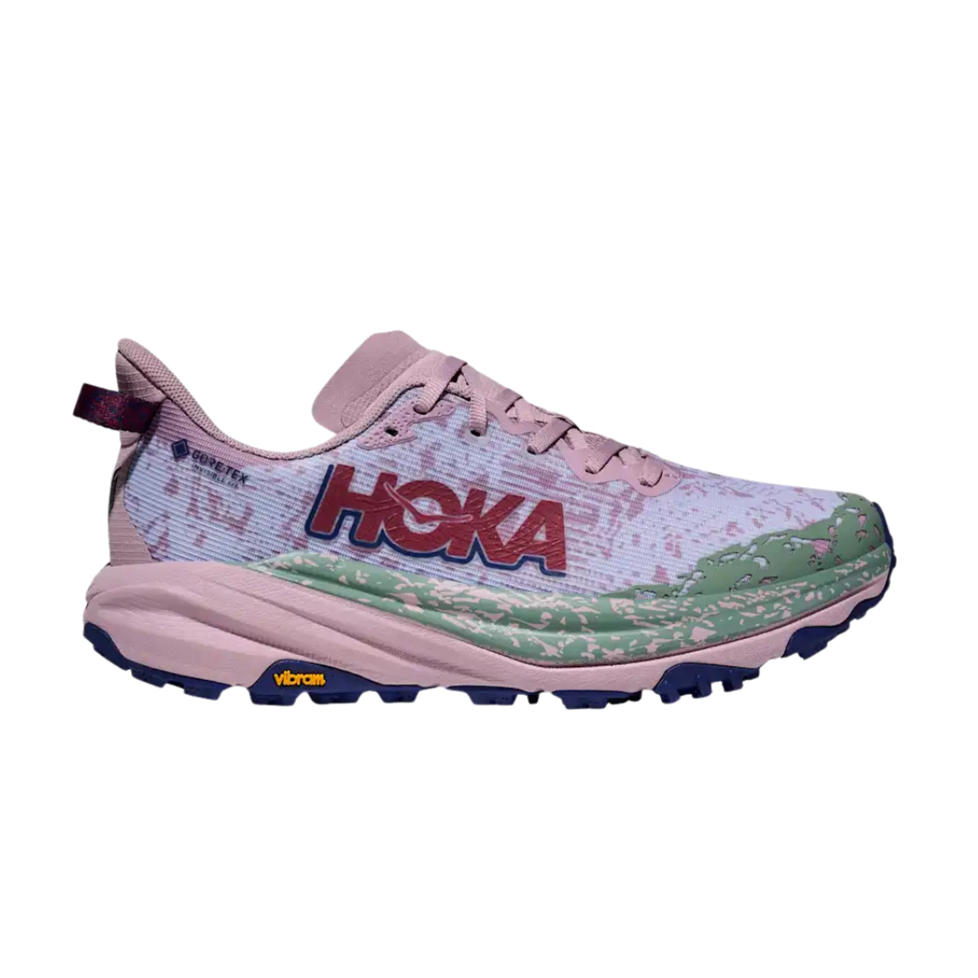 Side view on white background of Womens Hoka Speedgoat 6 GTX running shoe in Fragrant Lilac/Ambient Blue, Medium (Regular) width