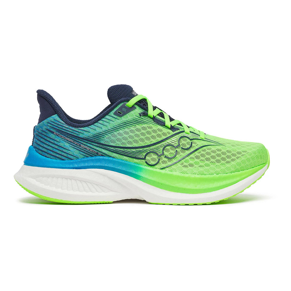 Side view on white background of Mens Saucony Endorphin Speed 5 running shoe in Slime/Cobalt, Medium (Regular) width