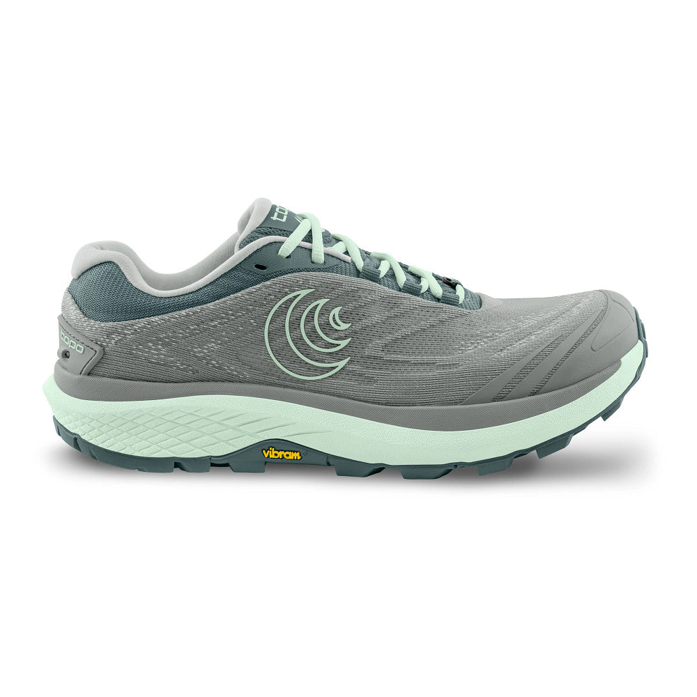 Side view on white background of Womens Topo Athletic Pursuit 2 running shoe in Grey/Mint, Medium (Regular) width