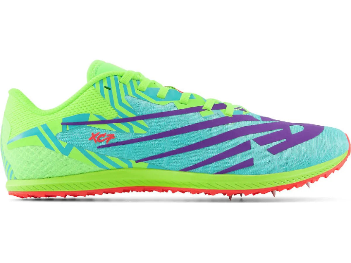 Side view on white background of Mens New Balance XC Seven v4 running shoe in Cyber Jade/Pixel Green, Medium (Regular) width