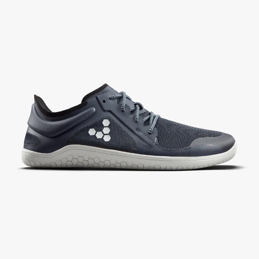 Side view on white background of Mens Vivobarefoot Primus Lite III running shoe in Navy, Medium (Regular) width
