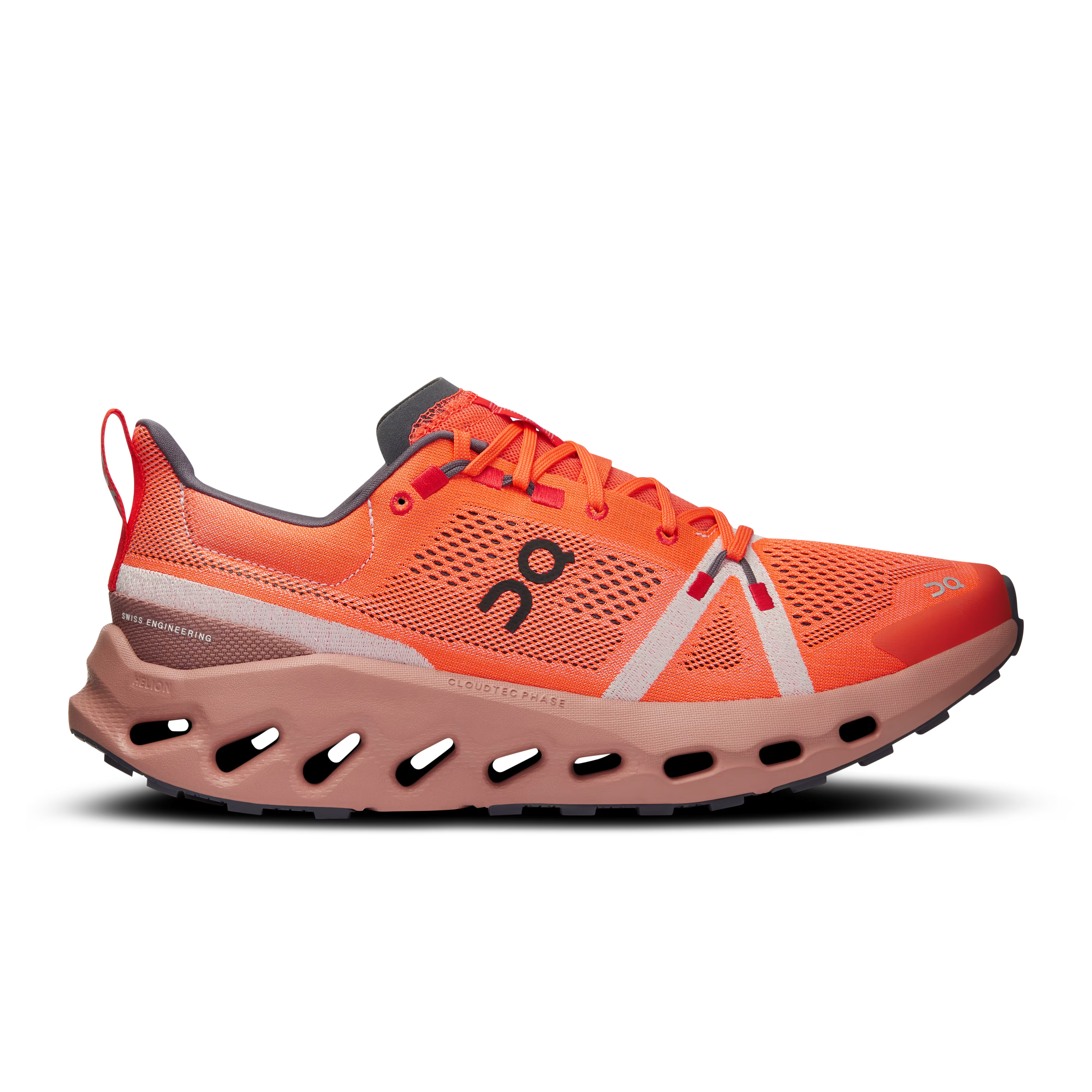 Side view on white background of Mens On Cloudsurfer Trail running shoe in Flame/Dustrose, Medium (Regular) width