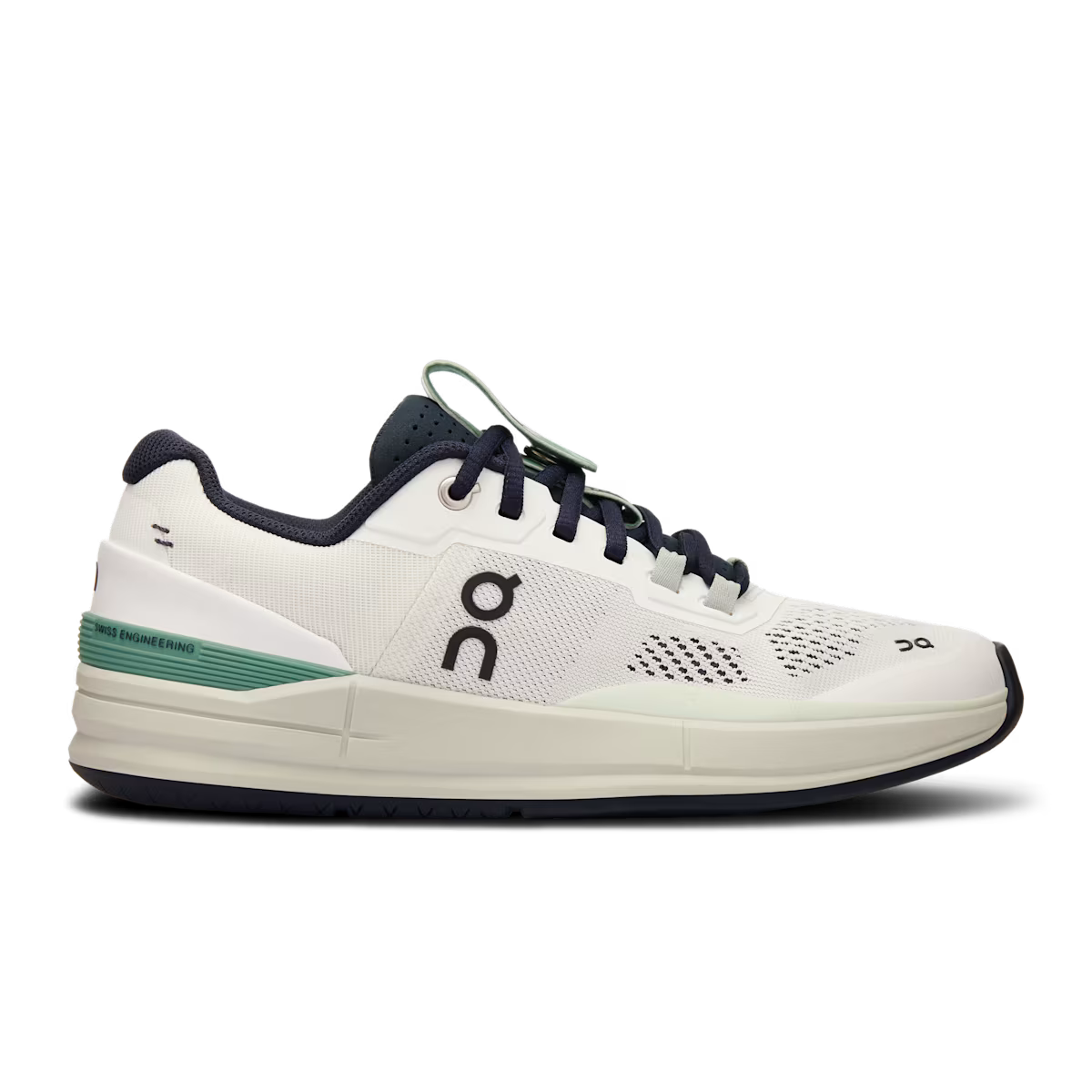 Side view on white background of Womens On The Roger Pro running shoe in White/Mint, Medium (Regular) width