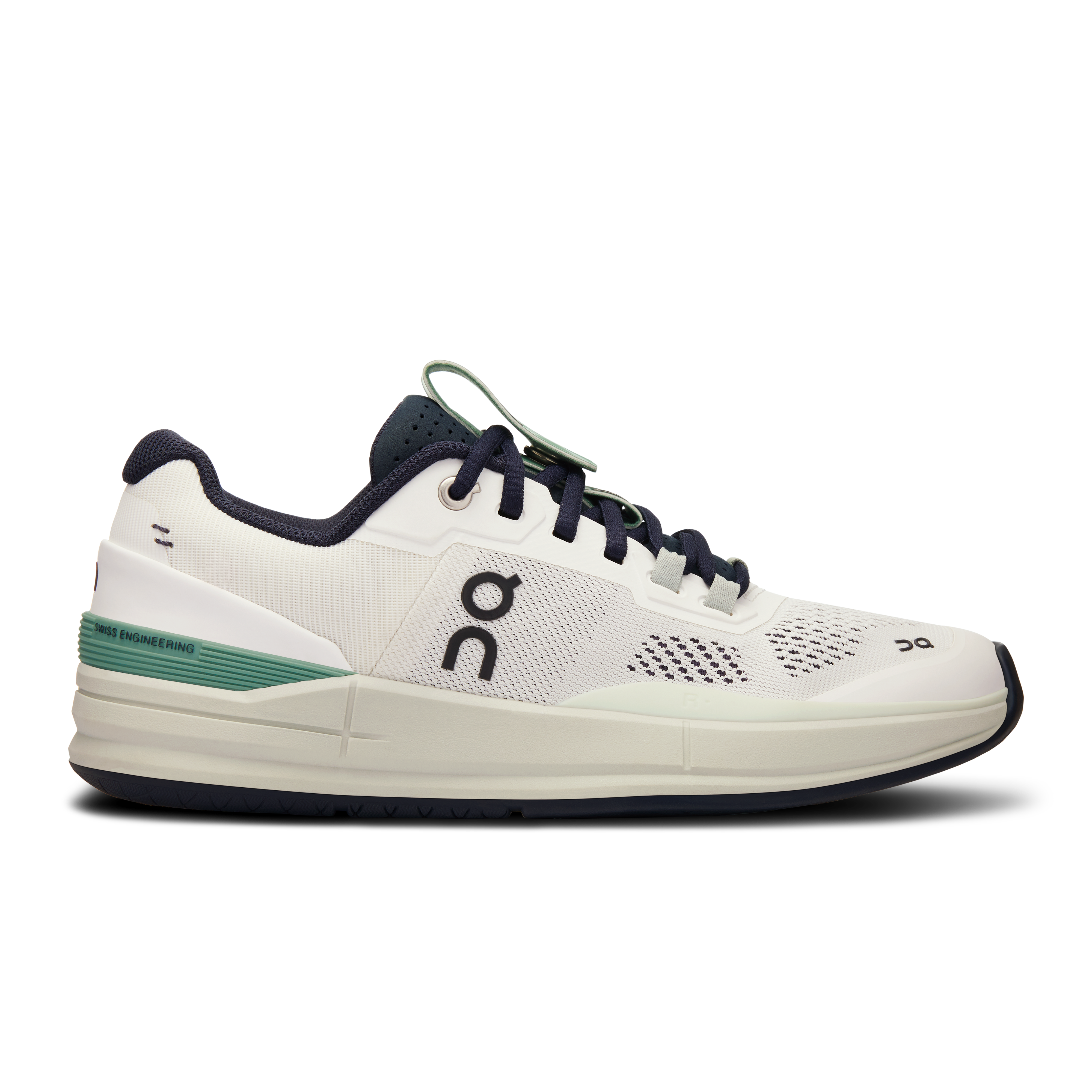 Side view on white background of Womens On The Roger Pro running shoe in Undyed-White/Aloe, Medium (Regular) width