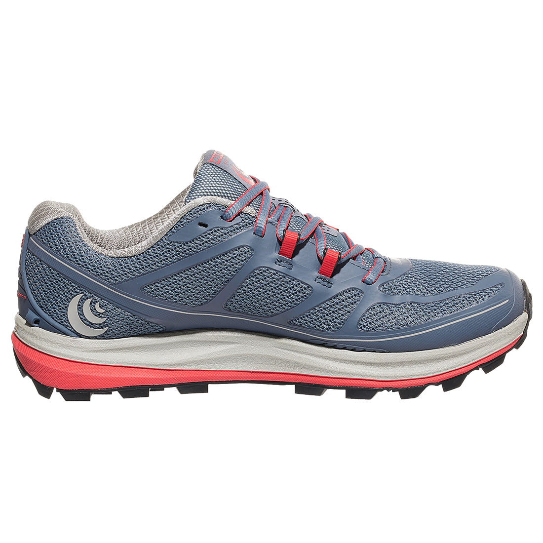 Side view on white background of Womens Topo Athletic Terraventure 2 running shoe in Slate/Poppy, Medium (Regular) width