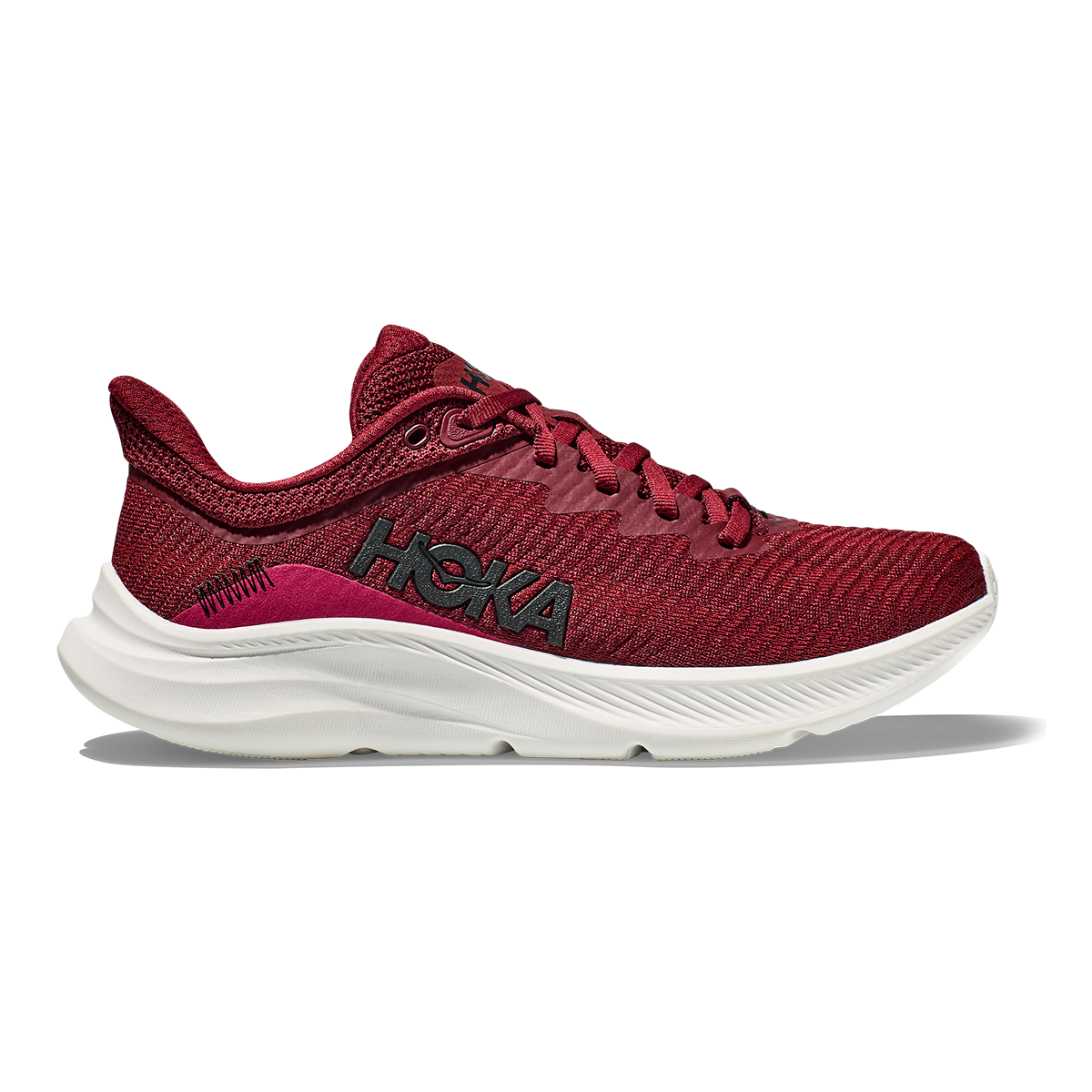 Side view on white background of Womens Hoka Solimar running shoe in Cabernet/Cherries Jubilee, Medium (Regular) width