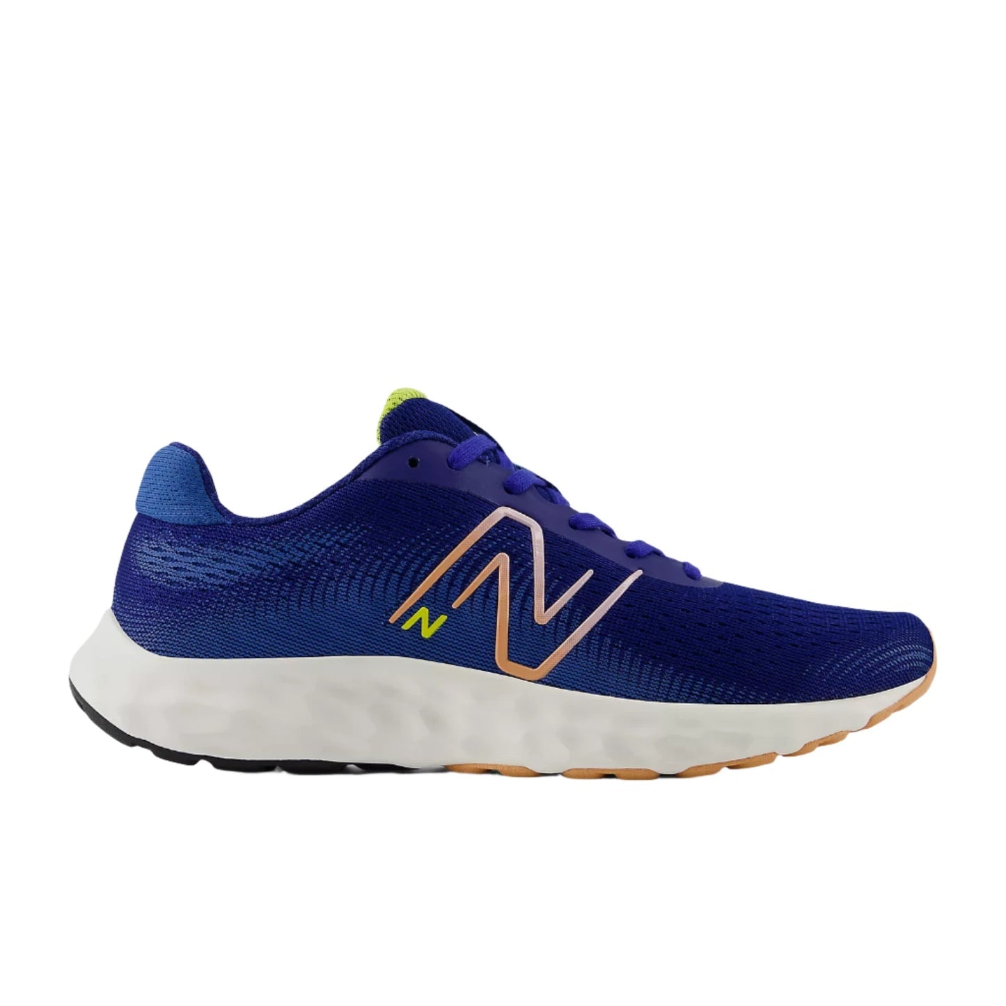 Side view on white background of Womens New Balance 520v8 running shoe in Blue Agate/Firefly/Copper, Wide width
