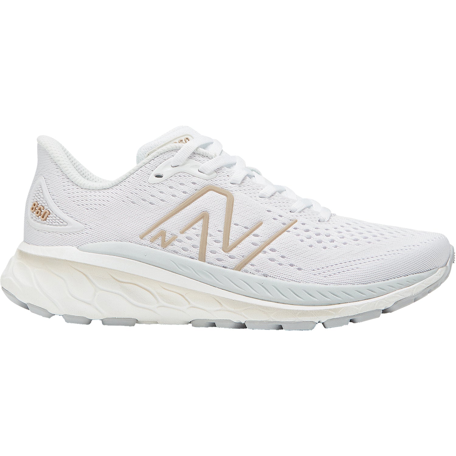 Side view on white background of Womens New Balance Fresh Foam X 860v13 running shoe in White/Light Aluminum/Light Gold Metallic, Wide width