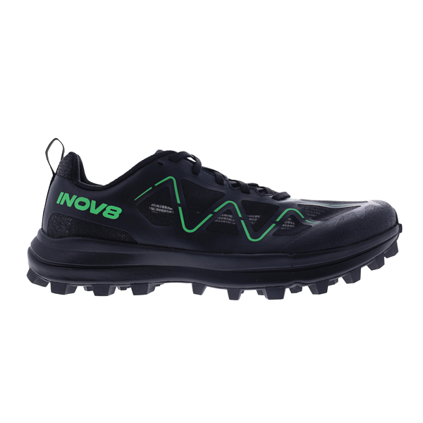 Side view on white background of Womens Inov8 Mudtalon Zero running shoe in Black/Green, Wide width
