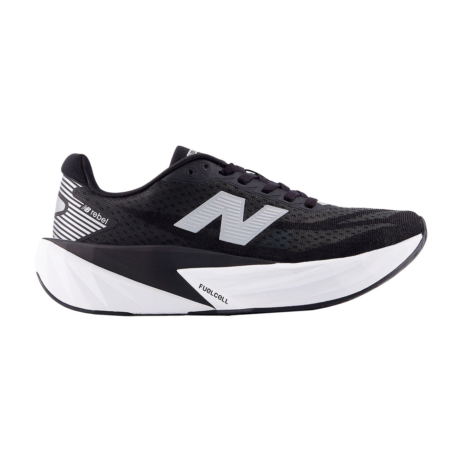Side view on white background of Mens New Balance FuelCell Rebel V5 running shoe in Black/White/Silver Metallic, Medium (Regular) width