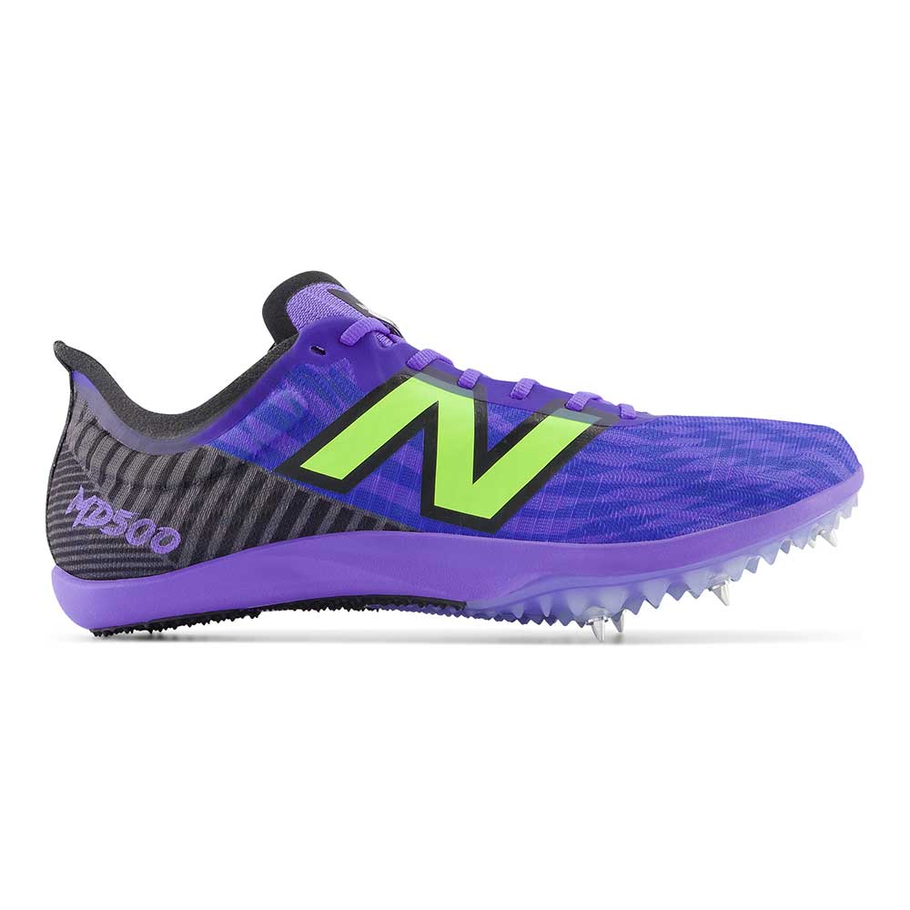 Side view on white background of Womens New Balance FuelCell MD500 v9 running shoe in Electric Indigo/Black, Medium (Regular) width